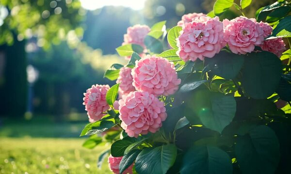 blooming pink and green hydrangea in spring garden