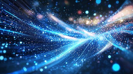 Obraz premium Holographic beams of blue light in motion across a tech-inspired background, representing modern digital technology advancement.