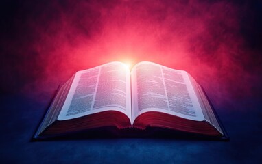 An open book illuminated by a vibrant red light, creating a mystical atmosphere. Ideal for themes of knowledge, spirituality, and reflection.