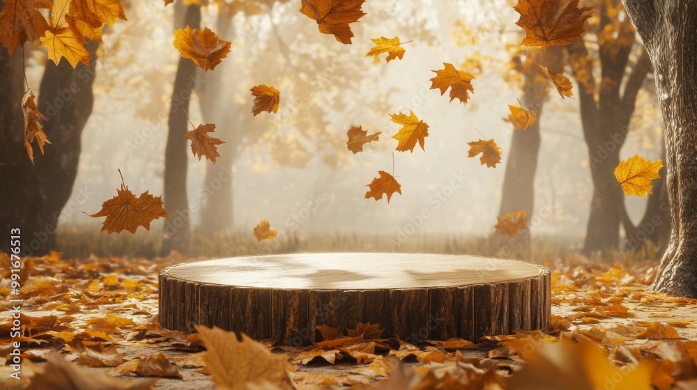 Aufkleber golden leaves gently fall around a round wooden stump in a quiet forest clearing, surrounded by tree