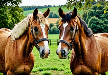 Obraz premium Two chestnut-colored horses standing gracefully together on a country farm