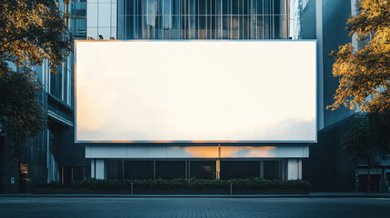 Obraz premium Display a clean, blank screen or billboard mockup for offers or advertisements next to a glass building, A large blank billboard stands prominently in front of modern buildings on a city street,