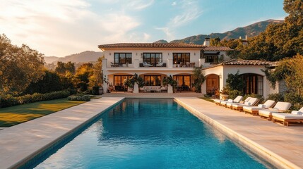 Beautiful home exterior with a large swimming pool on a sunny day