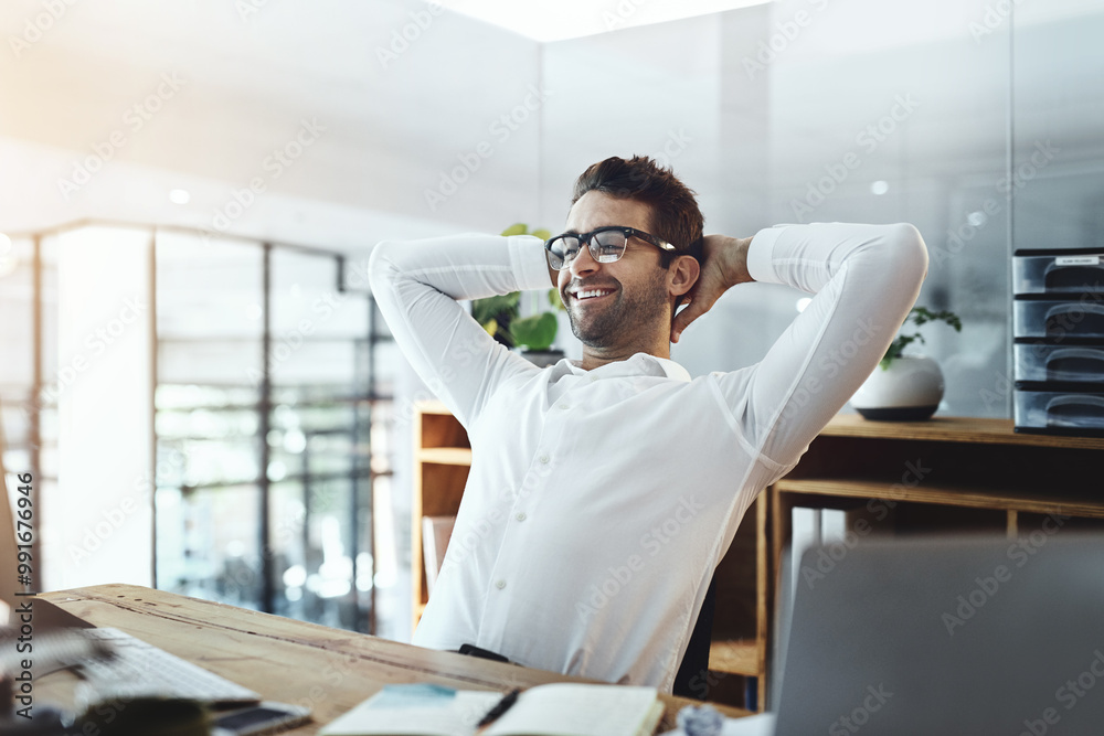 Poster businessman, happy and resting on computer at office with email notification for good news. male per