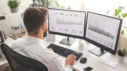Business analyst working at desk with dual monitors displaying financial charts and graphs, modern office setting with a focus on data analysis and productivity