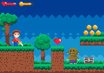An 8-bit pixel art scene of a video game features a character, a monster, trees, hearts, coins, and a treasure chest. Ideal for retro gaming, pixel art, adventure games, 2D platformers, and digital