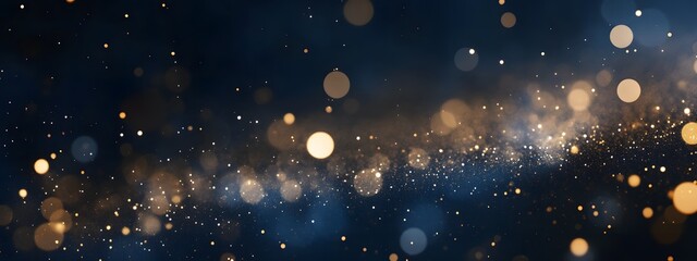 Fototapeta premium A dark blue background with golden glitter falling from the sky, bokeh light, creating an atmosphere of celebration and luxury