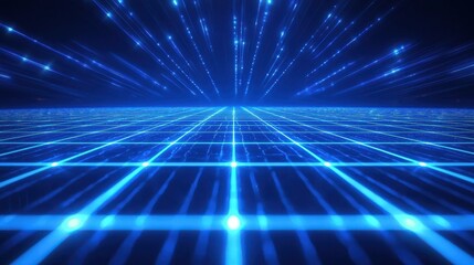 Holographic beams of blue light traveling through a dynamic digital grid, highlighting the modern technology atmosphere.