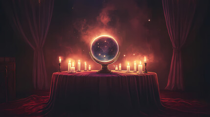 A seance table covered in a velvet cloth, with candles flickering and a crystal ball at its center, evoking a sense of mystery and spiritual exploration. Crystal Ball. Illustration