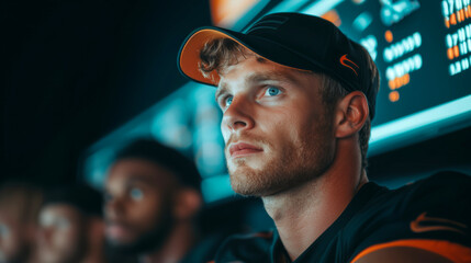 handsome blonde American football player sitting in front of an LED screen displaying game data