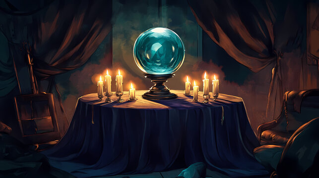 A seance table covered in a velvet cloth, with candles flickering and a crystal ball at its center, evoking a sense of mystery and spiritual exploration. Crystal Ball. Illustration