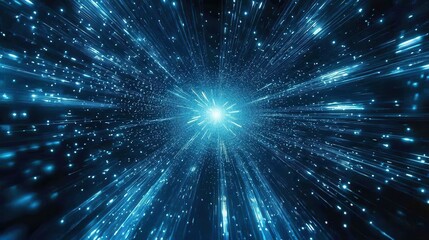 Fototapeta premium Holographic beams of light in shades of blue traveling through an intricate digital network of modern technology patterns.