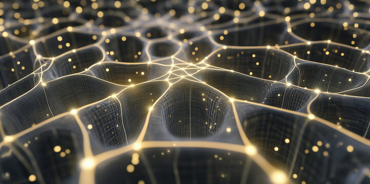 A glowing interconnected deep network of nodes representing artificial intelligence - a background with depth,  neural network and connectivity theme slide or mobile IT graphic - networking