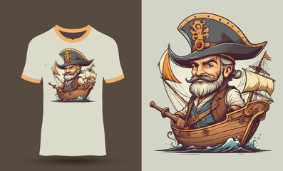 white t-shirt with terrible pirate design.