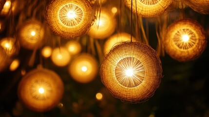 Straw lamps warm glow. Generative AI
