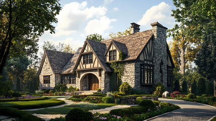 Obraz premium A charming stone tudor style house with a manicured garden. Tudor Architecture. Illustration