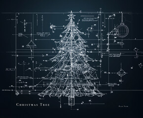 A christmas tree engineering diagram, blueprint or draft drawing. Highly technical drawings and notes surround the diagram, elf design plans. Construction plan. Blackboard. Chalk drawing, xmas - Powered by Adobe