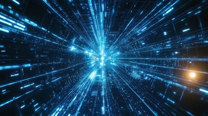 Fototapeta premium Holographic blue beams of light radiating from a central digital grid, highlighting modern technology in a futuristic design.