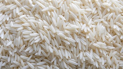 A close-up view reveals numerous grains of white rice, their subtle sheen and uniform shape creating a beautiful display of natural simplicity and freshness.