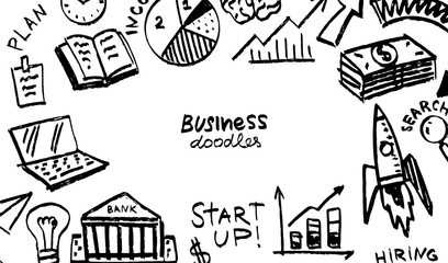 Business doodles hand drawn icons. Management concept. Vector clipart illustration. Line and Ink sketch. Vintage style. 