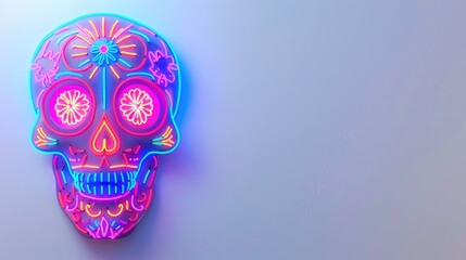 Day of The Dead sugar Neon Skull with floral ornament. Mexican skull.