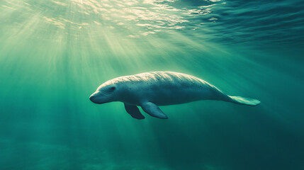 Naklejka premium Manatee Swimming in Sunbeams