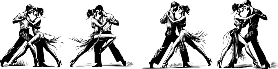 Fototapeta premium Four vector sketches of a couple dancing salsa on white background