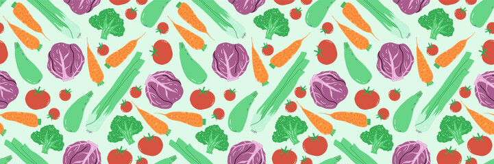 Seamless pattern with various vegetables. Tomatoes, carrots, zucchini, celery, broccoli. Vector illustration in flat style.
