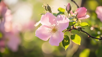 Obraz premium Sweetbriar rose pink blossoms fragrant. Generative AI