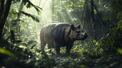 Fototapeta premium Prehistoric Rhino in the Rainforest