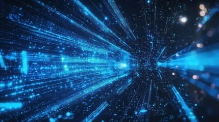 Obraz premium Holographic blue beams of light slicing through a digital grid filled with modern technology symbols and futuristic elements.