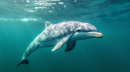 Obraz premium Underwater Dolphin in Turquoise Water