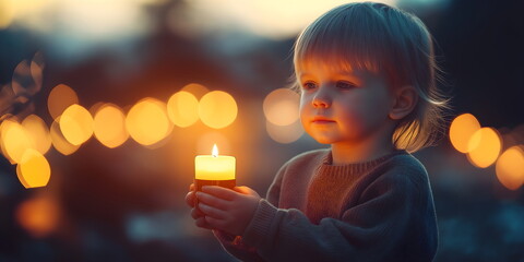 Young child holding candle at dusk for All Saints' Day commemoration and spiritual reflection