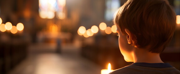 Child observing candlelit altar for All Saints' Day vigil and solemn remembrance of departed souls