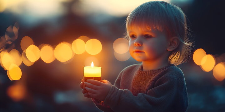 Young child holding candle at dusk for All Saints' Day commemoration and spiritual reflection
