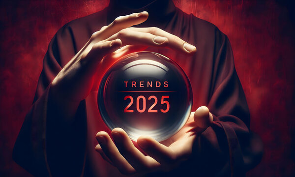 Roter Hintergrund zwei H&auml;nde halten eine Kugel mit dem Text "Trends 2025"