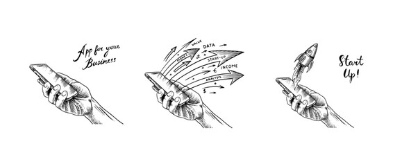 Naklejka premium Hand holding mobile smartphone with launching rocket. logram of boosting arrows. Startup project, start new business. Help or financial support entrepreneur. Vector clipart illustration. Line sketch.