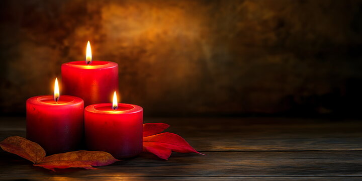 Solemn red candles with autumn leaves for All Saints' Day remembrance and spiritual reflection