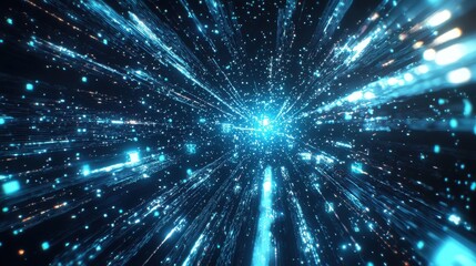 Naklejka premium Holographic blue beams of light traveling dynamically through a digital grid of tech symbols, capturing modern technology vibes.