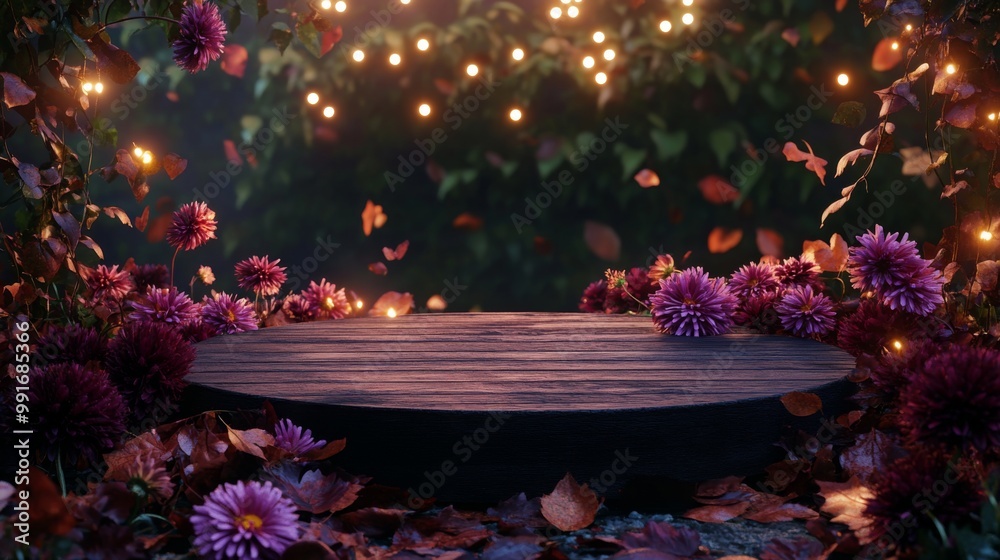 Poster delicate flowers surround a circular wooden stage, illuminated by soft glowing lights. autumn leaves