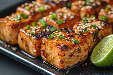 A plate of salmon with lime slices and sesame seeds