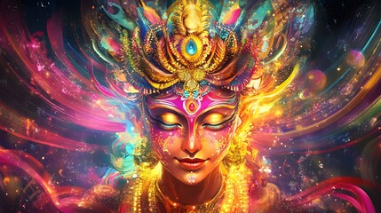 58. A vibrant deity of joy celebrating with colorful festival lights