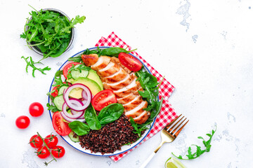Harvard plate with chicken protein, quinoa carbohydrates, tomatoes, avocado and spinach vegetables...