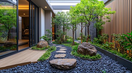 Modern zen garden with green plants and stones in a courtyard