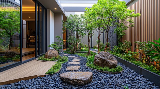 Modern zen garden with green plants and stones in a courtyard