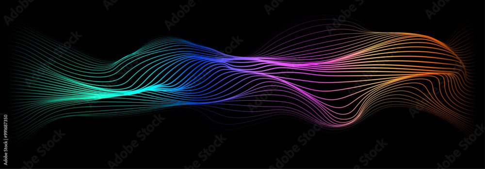 Fototapete Abstract flowing wavy lines on futuristic black background. Dynamic wave pattern in colorful gradient colors. Vector illustration 