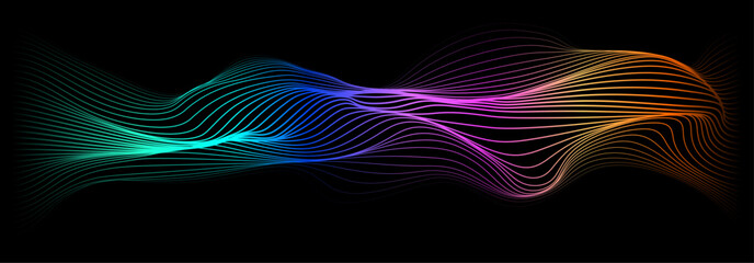 Abstract flowing wavy lines on futuristic black background. Dynamic wave pattern in colorful gradient colors. Vector illustration 