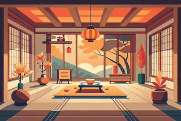 Fototapeta premium Tranquil Traditional Japanese Room with Autumn View