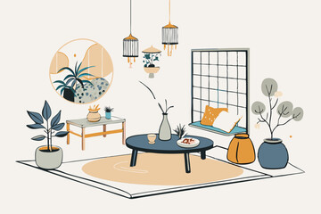 Fototapeta premium Tranquil Minimalist Living Room with Modern Decor and Plants