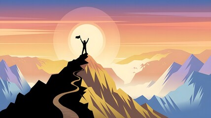 Illustrate a winding, golden path that leads toward a towering set of crystal-clear stairs. In the sky, birds are flying freely, representing the liberation that comes with reaching one’s goals.